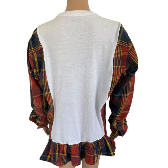 Upcycled MTV Flannel Patchwork Shirt Grunge Y2K Retro Plaid Top Ruffle Colorful - Picture 5 of 8